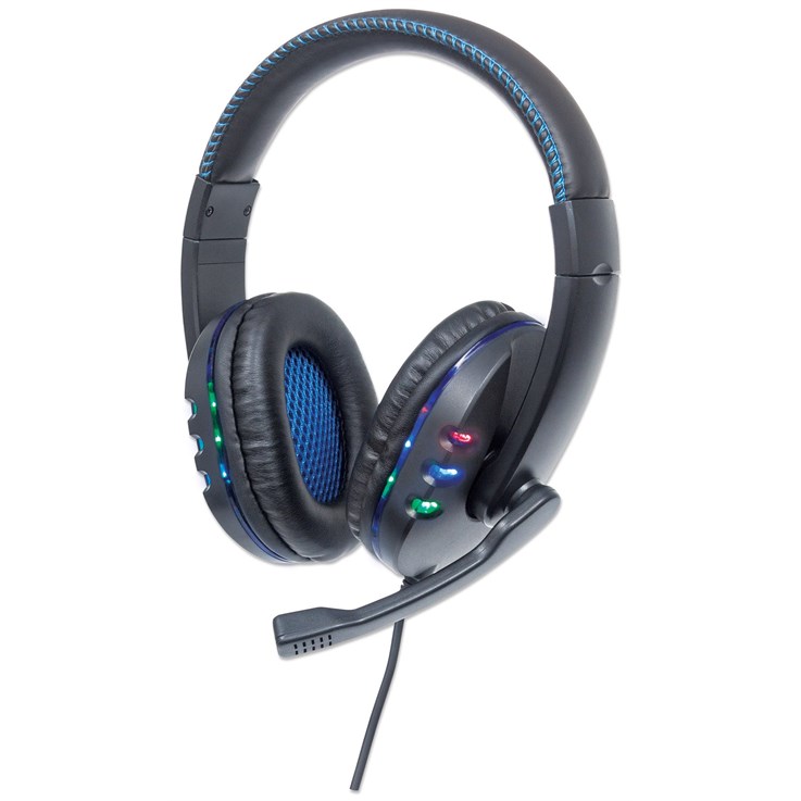 Manhattan USB-A Gaming Headset with LEDs (Clearance Pricing). Retractable Built-in Microphone, Audio Control, Integrated 1.8m cable, Black and Blue, Three Year Warranty