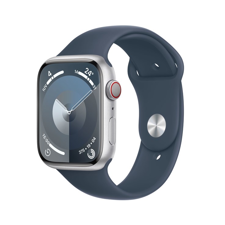 Apple Watch Series 9 GPS + Cellular 45mm Silver Aluminium Case w/ Storm Blue Sport Band - S/M