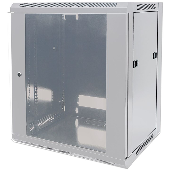 Intellinet Network Cabinet, Wall Mount (Standard), 12U, Usable Depth 410mm/Width 510mm, Grey, Flatpack, Max 60kg, Metal & Glass Door, Back Panel, Removeable Sides, Suitable also for use on desk or floor, 19",Parts for wall install (eg screws/rawl plugs) n