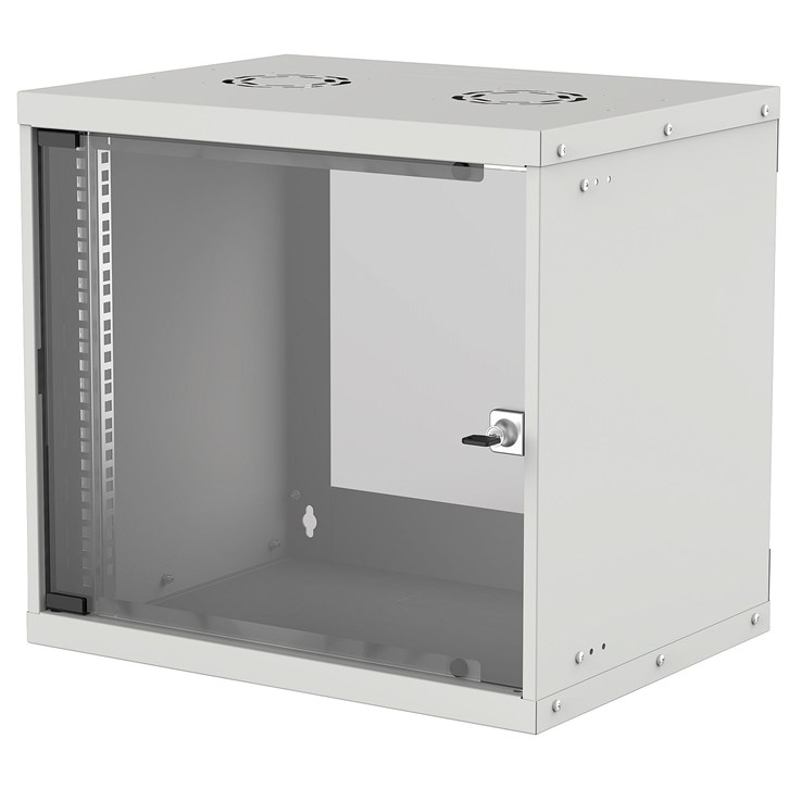 Intellinet Network Cabinet, Wall Mount (Basic), 9U, Usable Depth 340mm/Width 485mm, Grey, Flatpack, Max 50kg, Glass Door, 19", Parts for wall installation (eg screws and rawl plugs) not included, Three Year Warranty