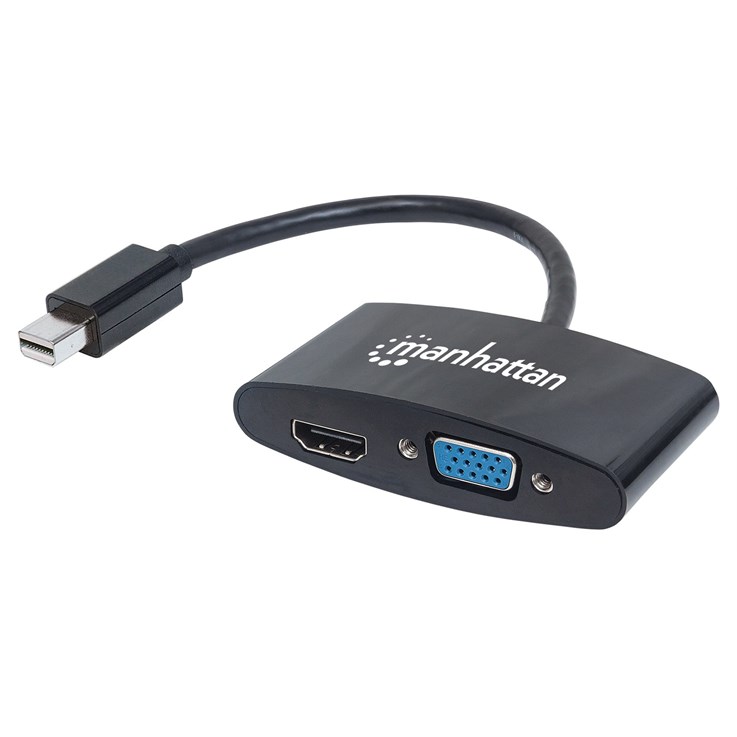 Manhattan Mini DisplayPort 1.2 to HDMI or VGA Adapter Cable (2-in-1), 25cm, Black, Passive, Male to Female, HDMI 4K@30Hz, VGA@60Hz, Note: Only One Port can be used at a time, Equivalent to MDP2HDVGA, Lifetime Warranty, Blister