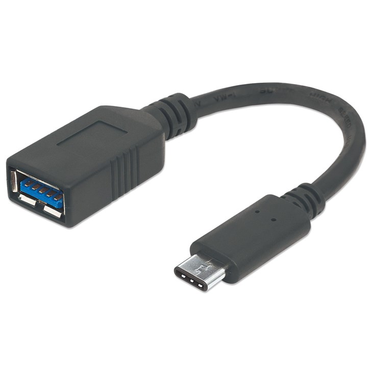 Manhattan USB-C to USB-A Cable, 15cm, Male to Female, Black, 5 Gbps (USB 3.2 Gen1 aka USB 3.0), 3A (fast charging), IF-Certified, Equivalent to USB31CAADP, SuperSpeed USB, Lifetime Warranty, Polybag