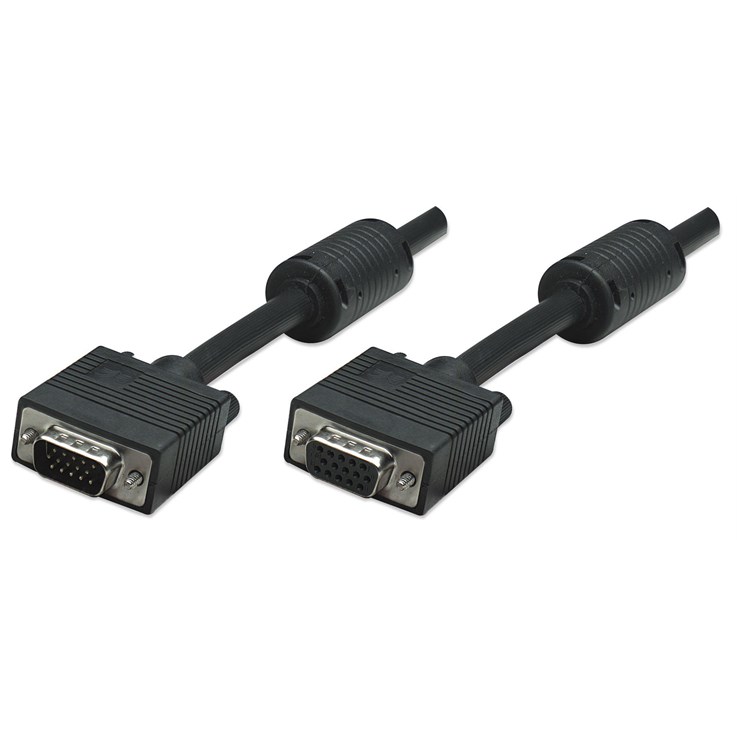 Manhattan VGA Extension Cable (with Ferrite Cores) (Clearance Pricing), 4.5m, Male to Female, HD15, Cable of higher SVGA Specification (fully compatible), Shielding with Ferrite Cores helps minimise EMI interference for improved video transmission, Black