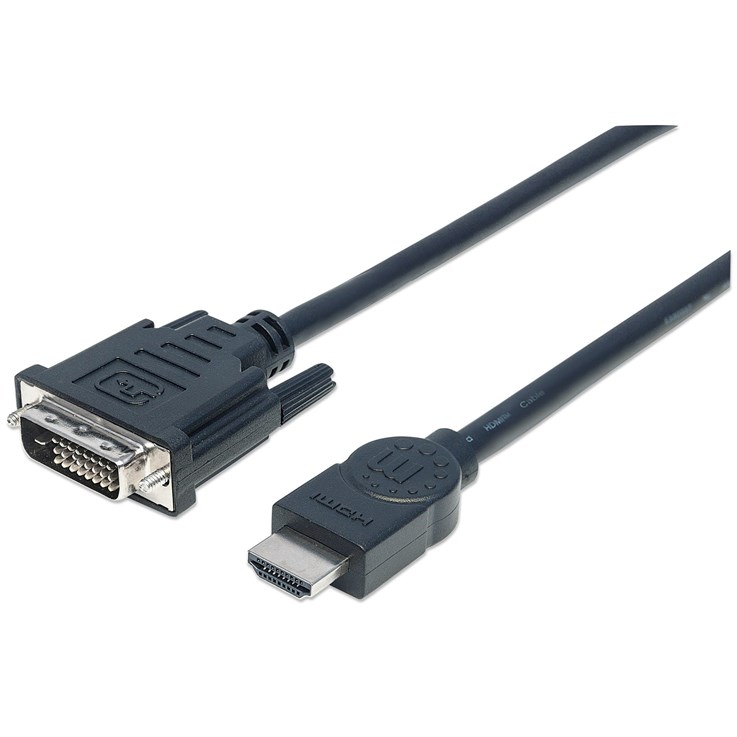 Manhattan HDMI to DVI-D 24+1 Cable, 3m, Male to Male, Black, Equivalent to HDDVIMM3M, Dual Link, Compatible with DVD-D, Lifetime Warranty, Polybag