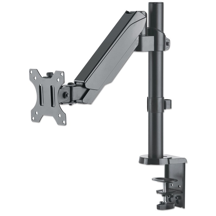 Manhattan TV & Monitor Mount, Desk, Full Motion (Gas Spring), 1 screen, Screen Sizes: 10-27", Black, Clamp or Grommet Assembly, VESA 75x75 to 100x100mm, Max 8kg, Lifetime Warranty