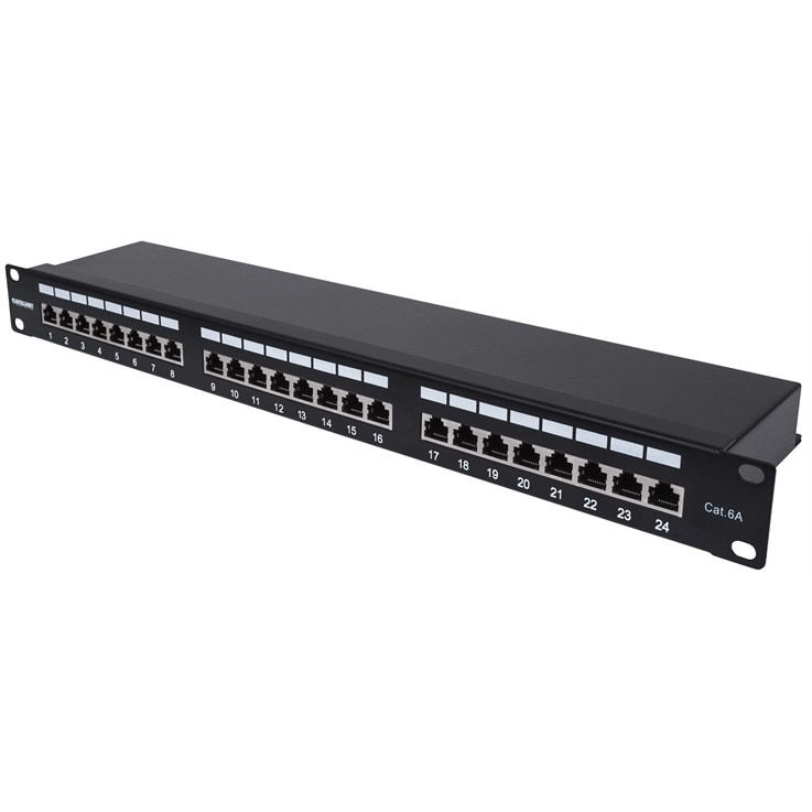 Intellinet Patch Panel, Cat6a, FTP, 24-Port, 1U, Shielded, 90° Top-Entry Punch Down Blocks, Black