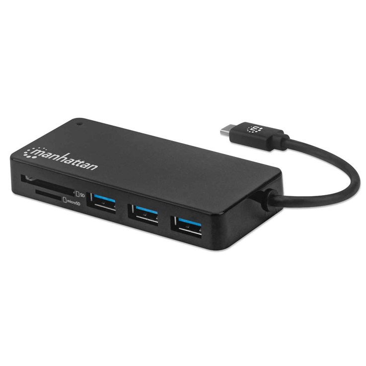 Manhattan USB-C Dock/Hub with Card Reader, Ports (x3): USB-A (x3), 5 Gbps (USB 3.2 Gen1 aka USB 3.0), External Power Supply Not Needed, SuperSpeed USB, Black, Three Year Warranty, Retail Box