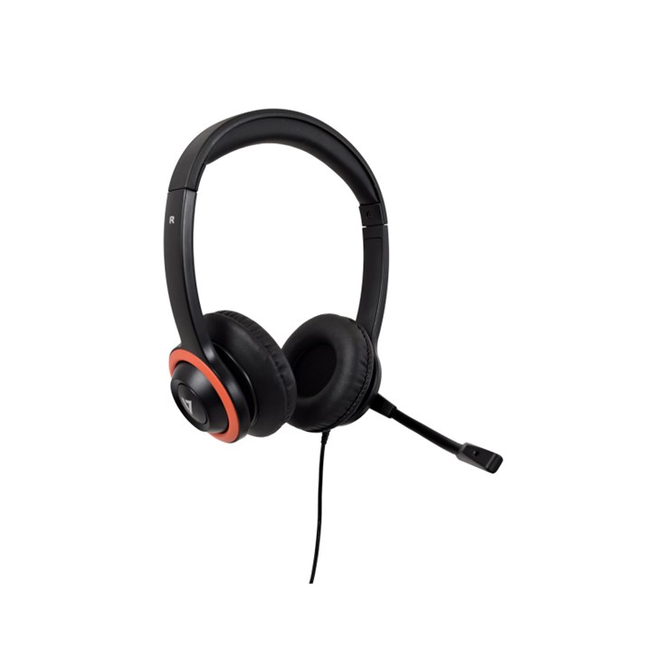 V7 Safesound Education K-12 Headset with Microphone, volume limited, antimicrobial, 2m USB cable, Laptop Computer, Chromebook, PC - Black, Red