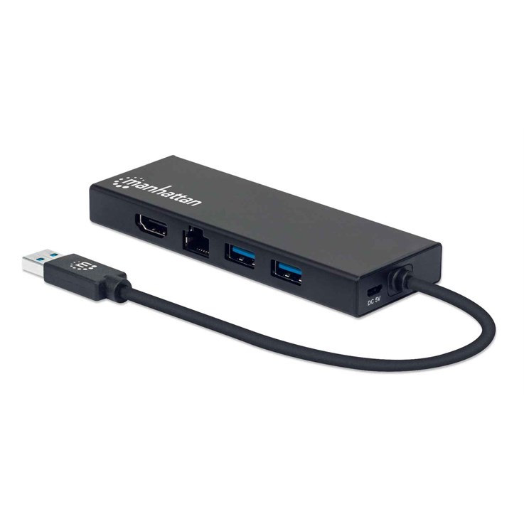 Manhattan USB-A Dock/Hub, Ports (x5): Ethernet, HDMI, USB-A (x2) and VGA, Micro-USB Power Input Port (Optional, only when additional power needed. Not required for dual monitor functionality. Cable not included), Aluminium, Black, Three Year Warranty, Ret