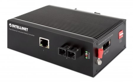 Intellinet Industrial Fast Ethernet Media Converter, 100Base-TX to 100Base-FX (SC) Single-mode, 20 km, IP40-rated Metal Housing, DIN-rail Mount