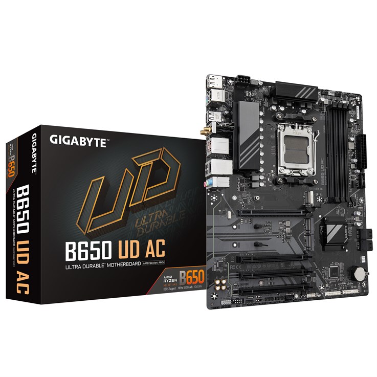 GIGABYTE B650 UD AC Motherboard - AMD Ryzen 9000 Series CPUs, 6+2+2 Phases VRM, up to 7600MHz DDR5 (OC), 1xPCIe 5.0 + 2xPCIe 4.0 M.2, GbE LAN, WIFI 5, USB 3.2 Gen 2